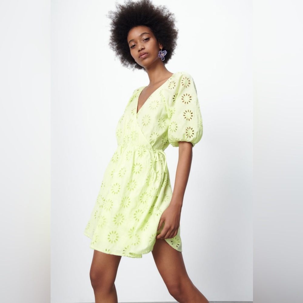 OPENWORK EMBROIDERED MINI WRAP DRESS